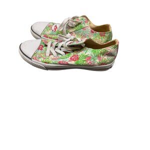 Airwalk Womens Floral Canvas Sneakers Size 10 White/Green With Pink Accents (174
